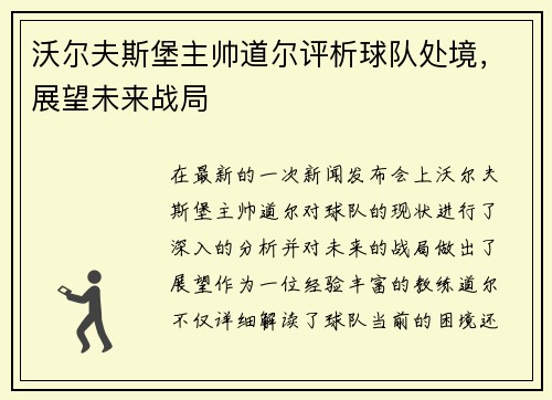 沃尔夫斯堡主帅道尔评析球队处境，展望未来战局